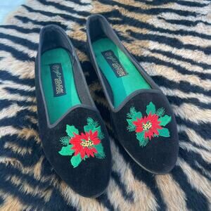 Vintage 90s Holiday Edition Black Velvet Poinsettia Flats Christmas 7.5